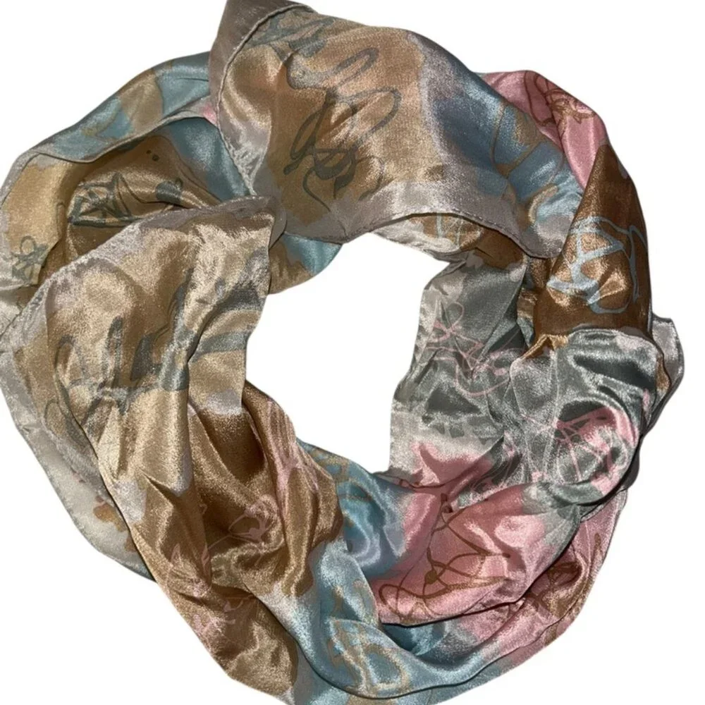 Vintage 100% silk pink taupe blue squiggles abstract Art to Wear scarf